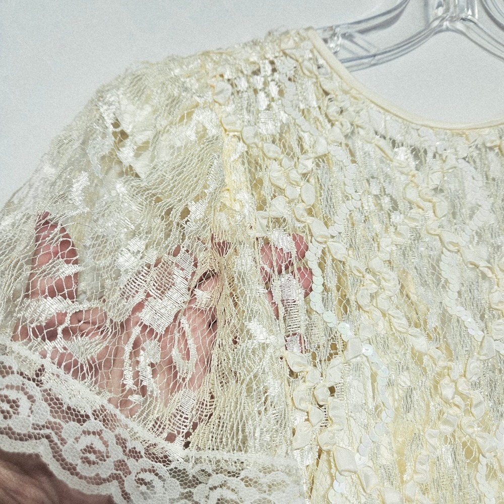 Vtg USA Shuet Young Ivory Lace Sequins Victorian Midi Dress Size 5-6 Cottagecore - Picture 3 of 16